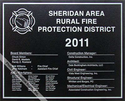 Click to view other images of this Etched Zinc Government Facility Plaque Sheridan_Fire_Plaque_Etched_Zinc_Government_Facility_Plaque